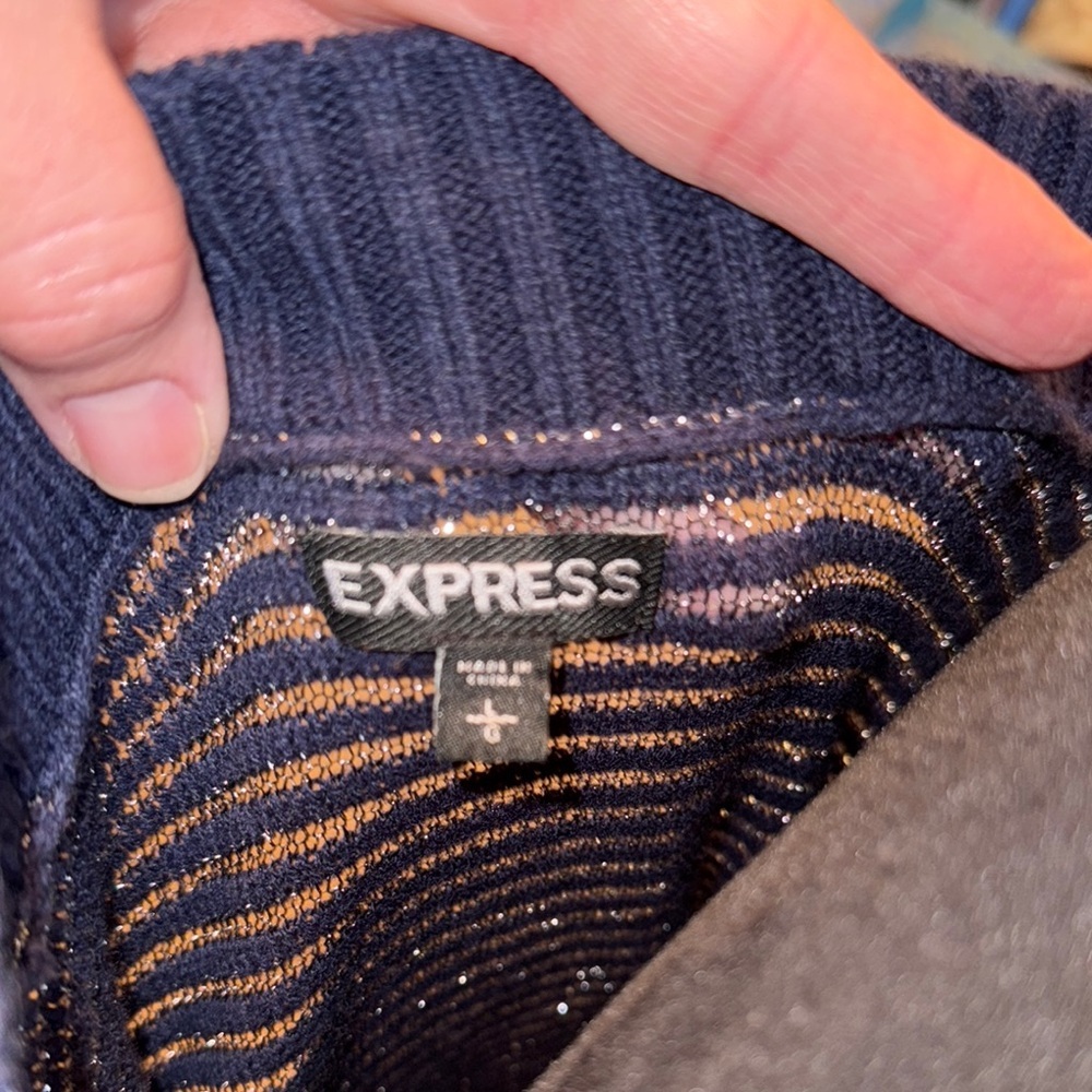 Express V-Neck Blue Sweater with Metallic Sheen - Picture 2 of 3
